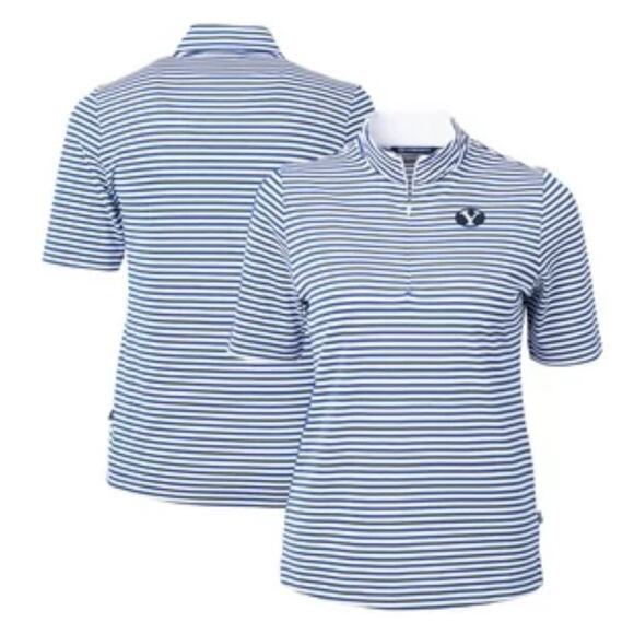 Cutter & Buck Tops - BYU Cutter & Buck Navy Striped Virtue Eco Pique Top Women’s 1/4 Zip Petite Small